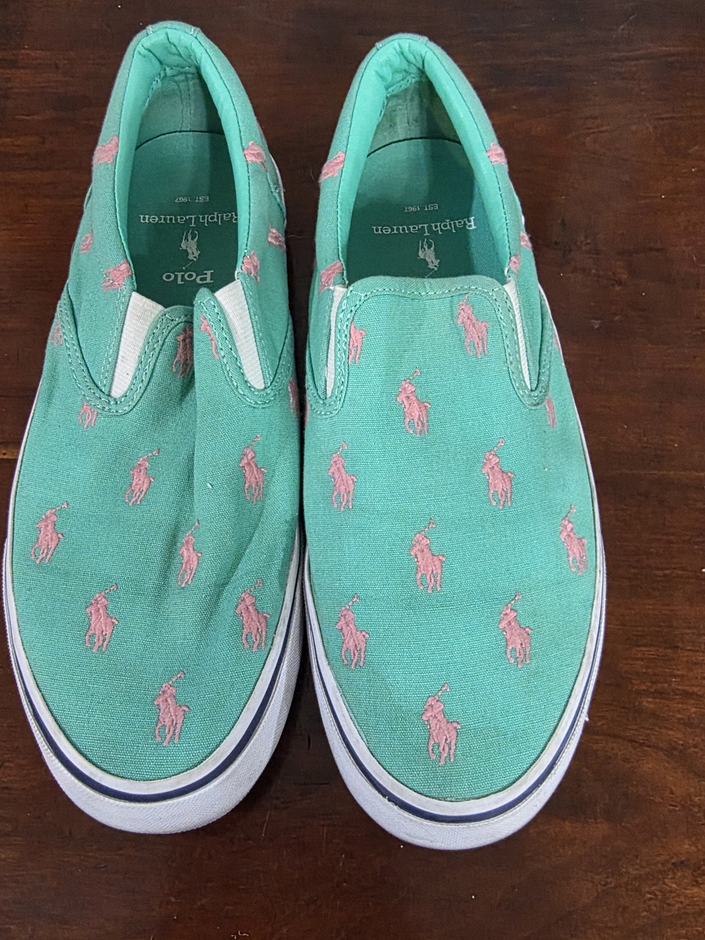 Thompson Teal Canvas Slip-On Loafers with Pink Embroidered Polo Motifs